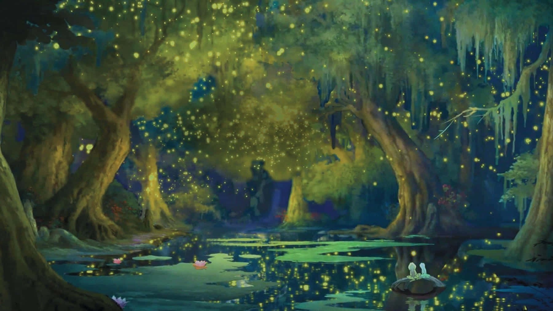A Painting Of A Forest With Fireflies In The Water