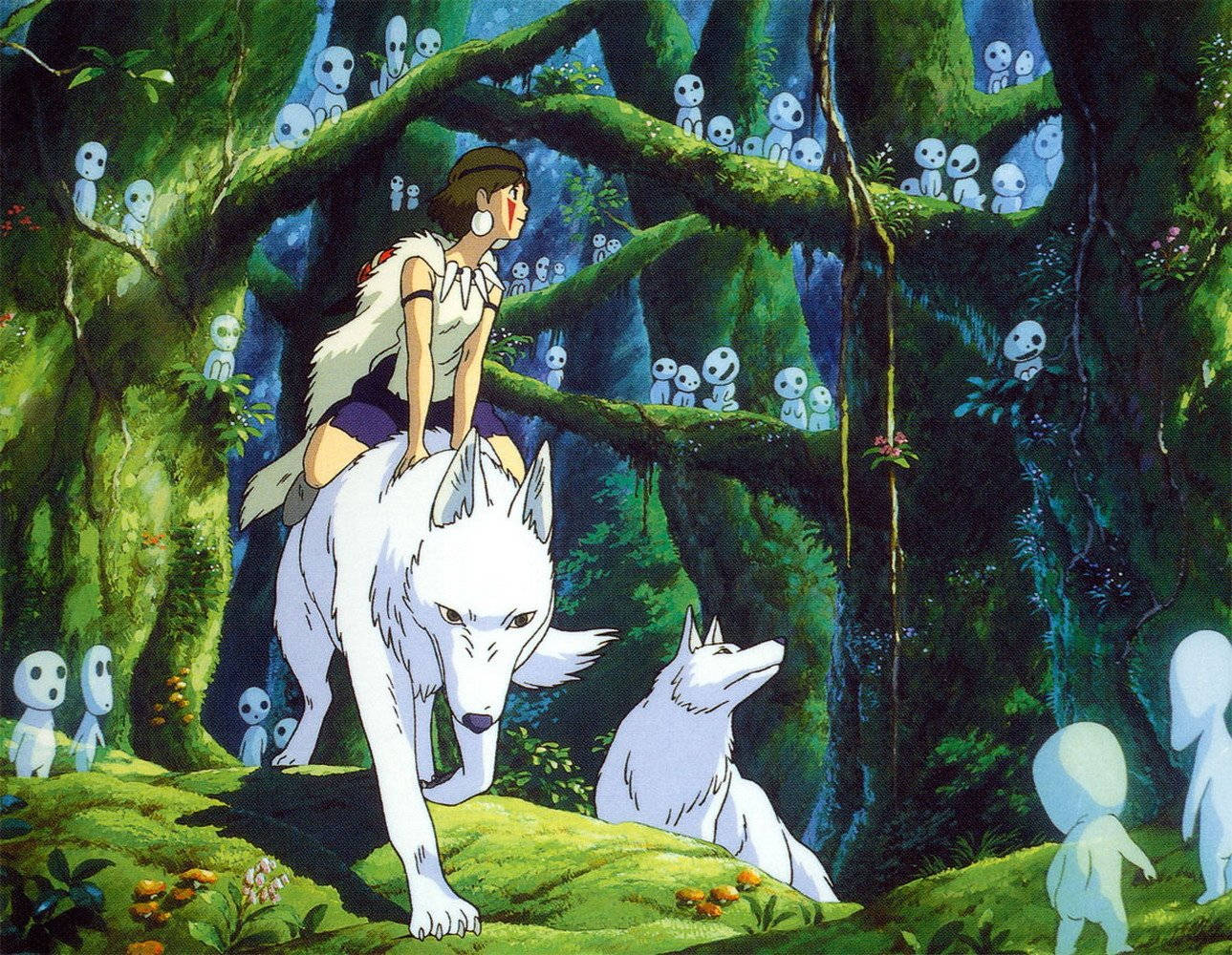 Princess Mononoke and the Kodama, surrounded by a mystical forest Wallpaper