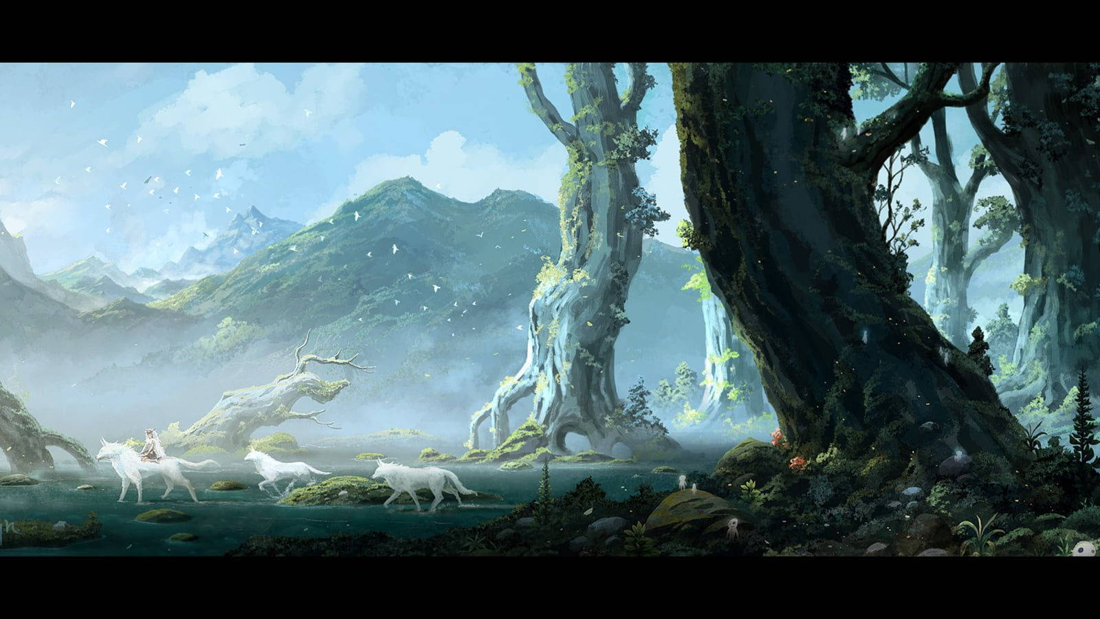 Princess Mononoke in the Forest with White Wolves Wallpaper