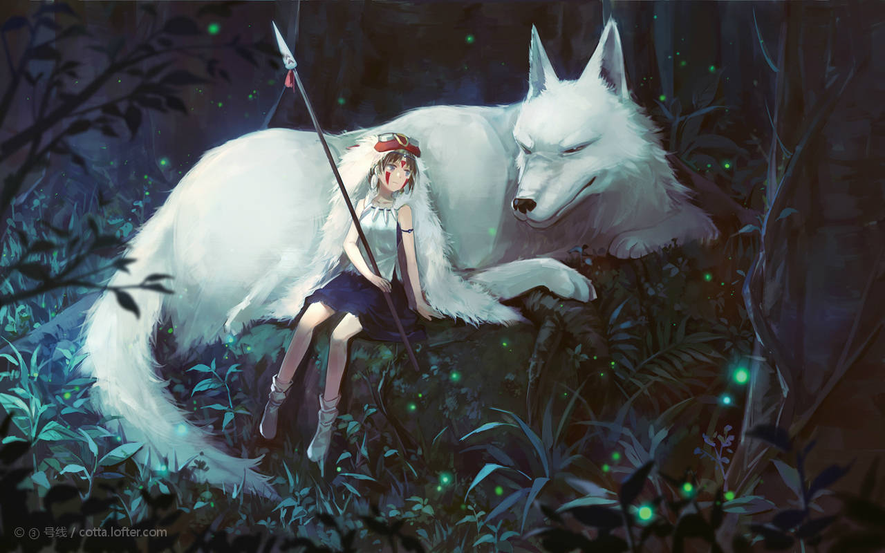 "The wolf goddess Moro roams the forest with San, the Princess Mononoke." Wallpaper