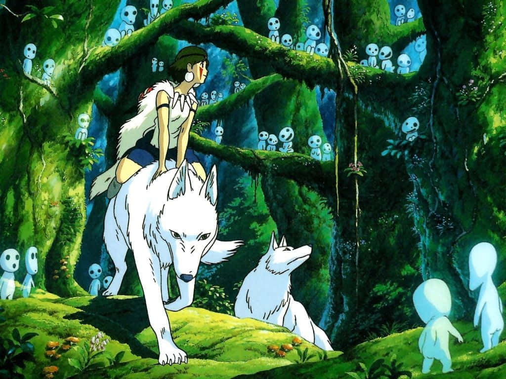 Young Mononoke and San Meet the Forest Spirit in Studio Ghibli’s “Princess Mononoke” Wallpaper
