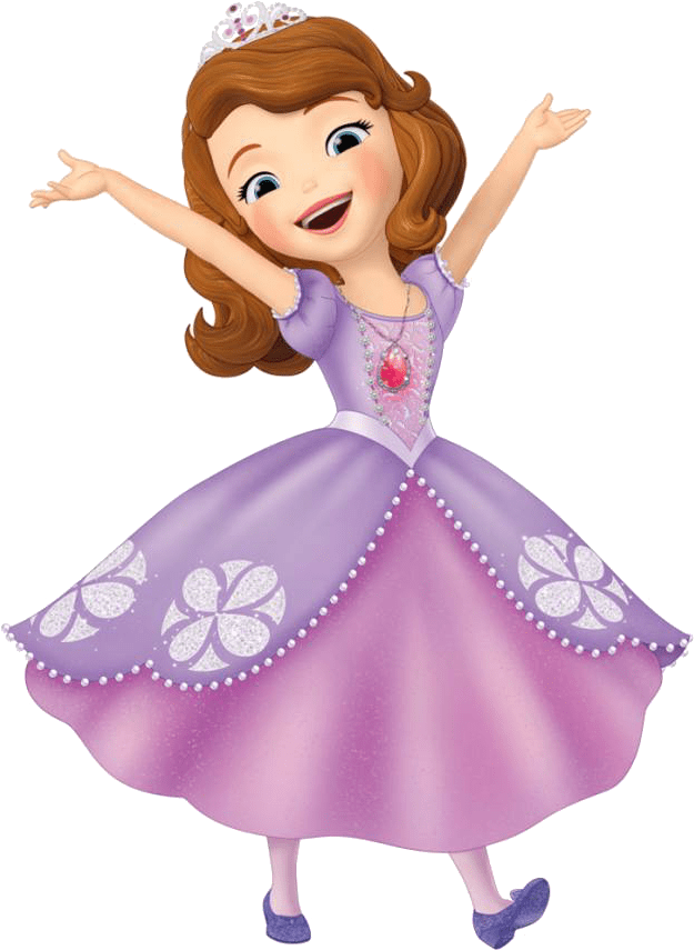 Princess Sofia Happy Pose PNG — A cheerful animated princess in a purple gown with white floral patterns and pearl trim spins joyfully with arms outstretched.