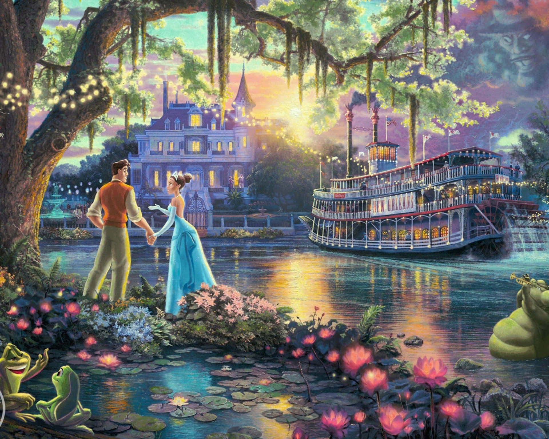 Princess Tiana fra Prinsessen og Frøen stjæler et romantisk øjeblik. Wallpaper