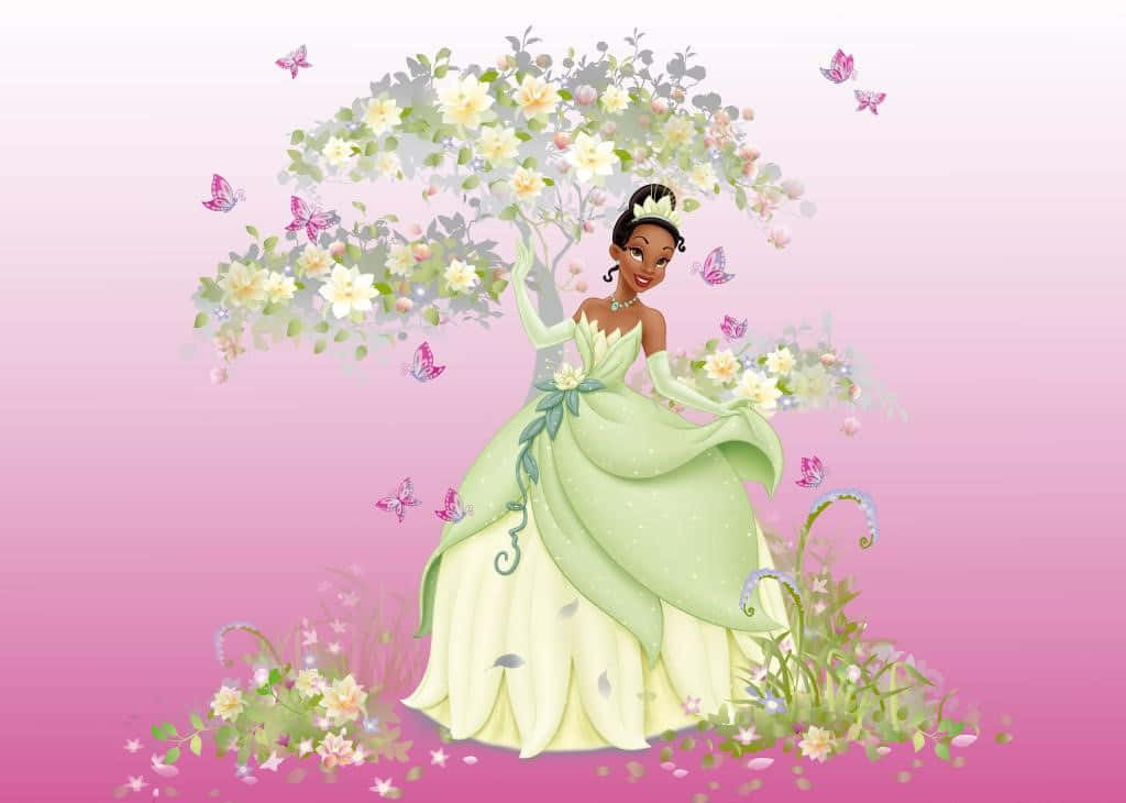 Princess Tiana står stolt på en lysegrøn lysbakke Wallpaper