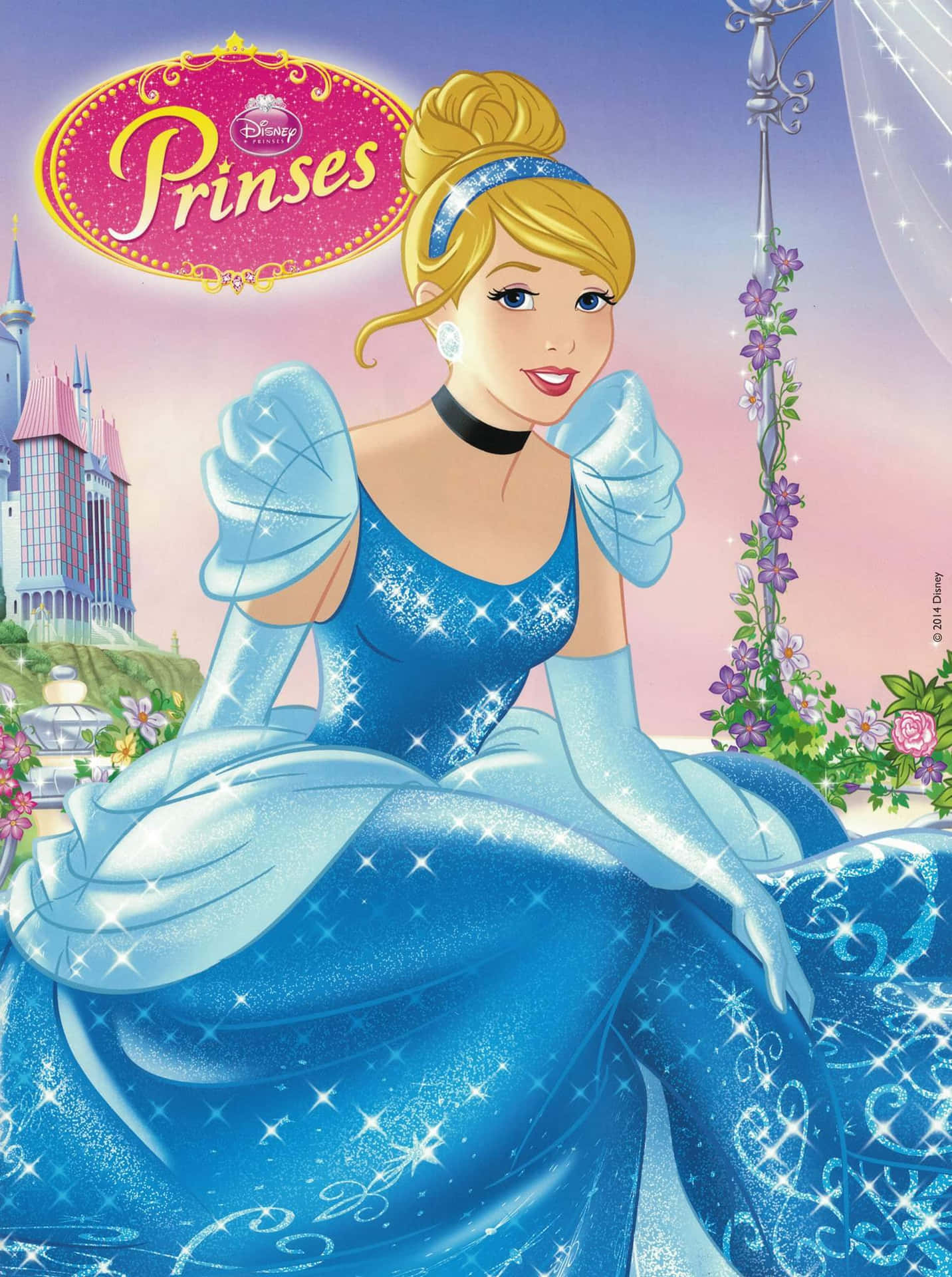 Prinsessebilleder glimter på en lyseblå baggrund.