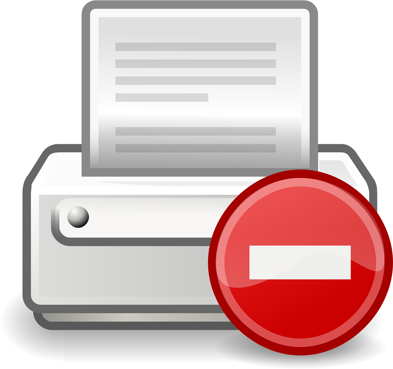 Printer Error Icon PNG — A white printer ejects a document while a red stop sign overlays its side.