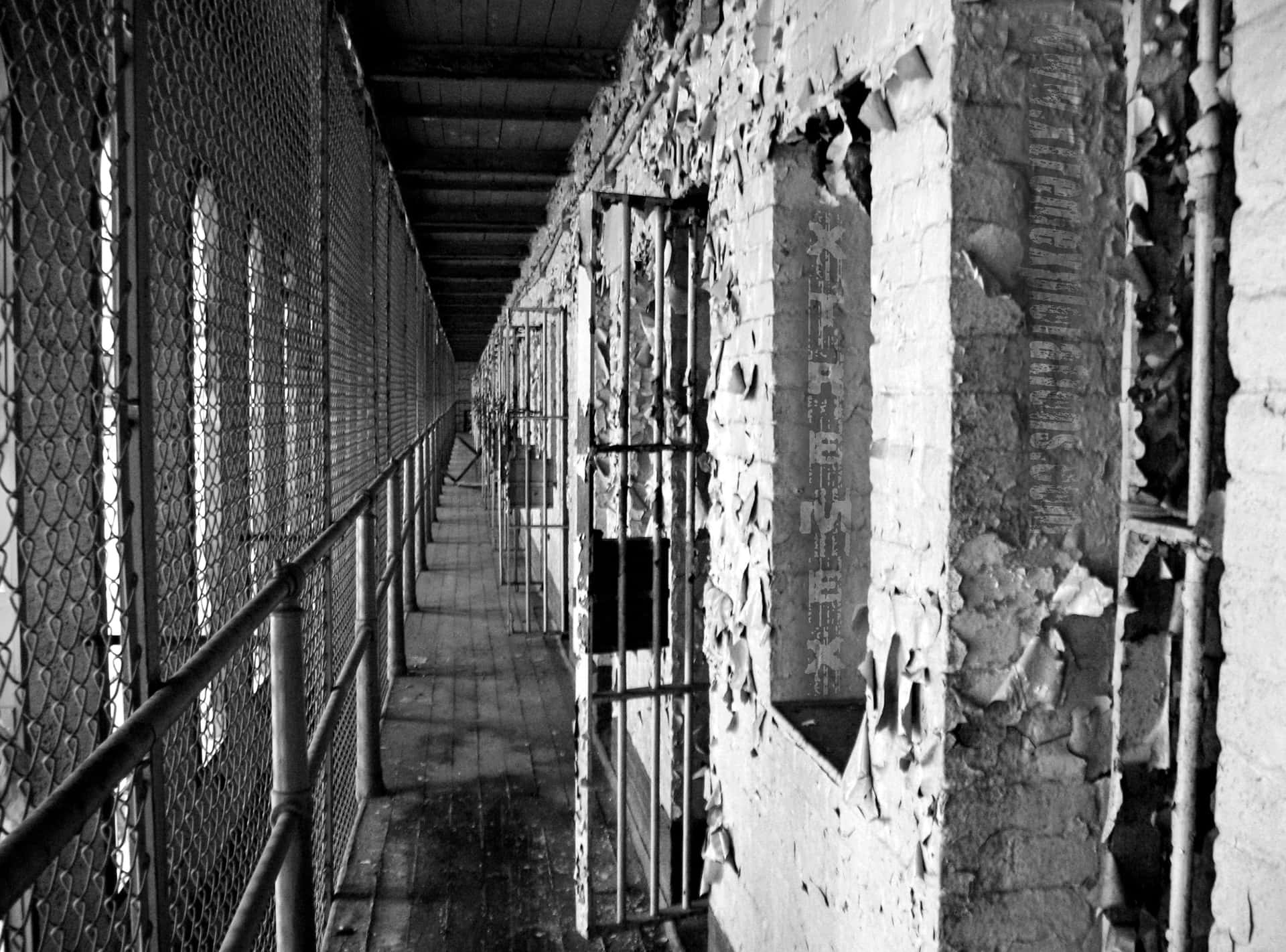 Etsort-hvidt Foto Af En Gammel Fængselscelle.