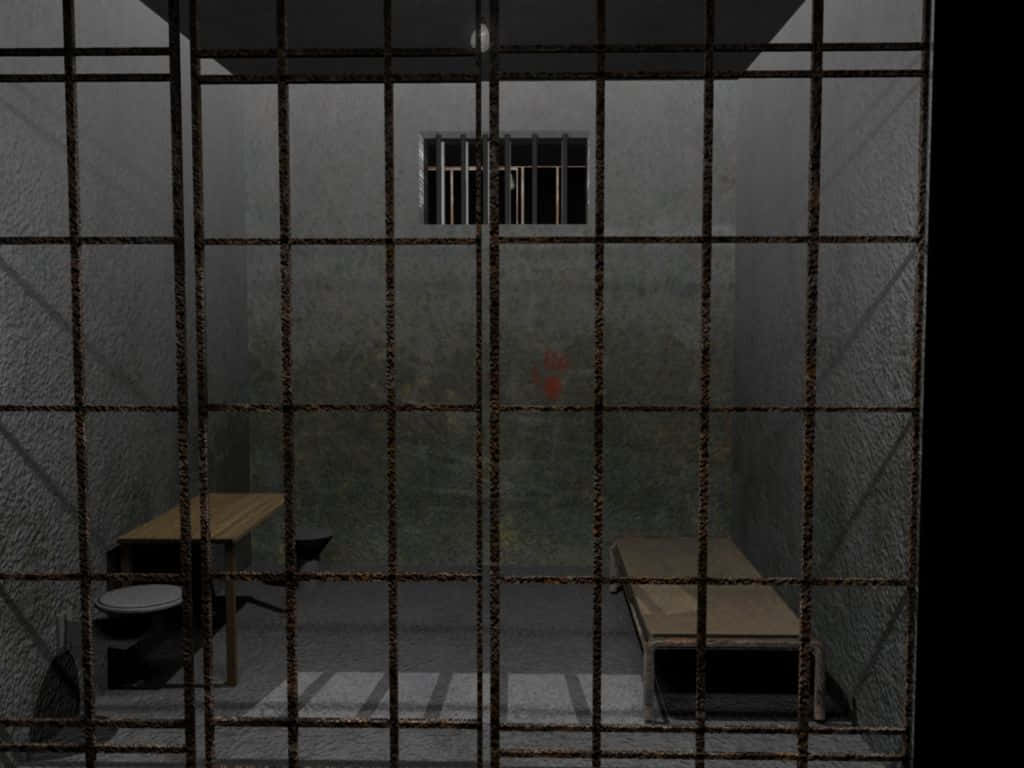 A Prison Cell With A Table And Chairs