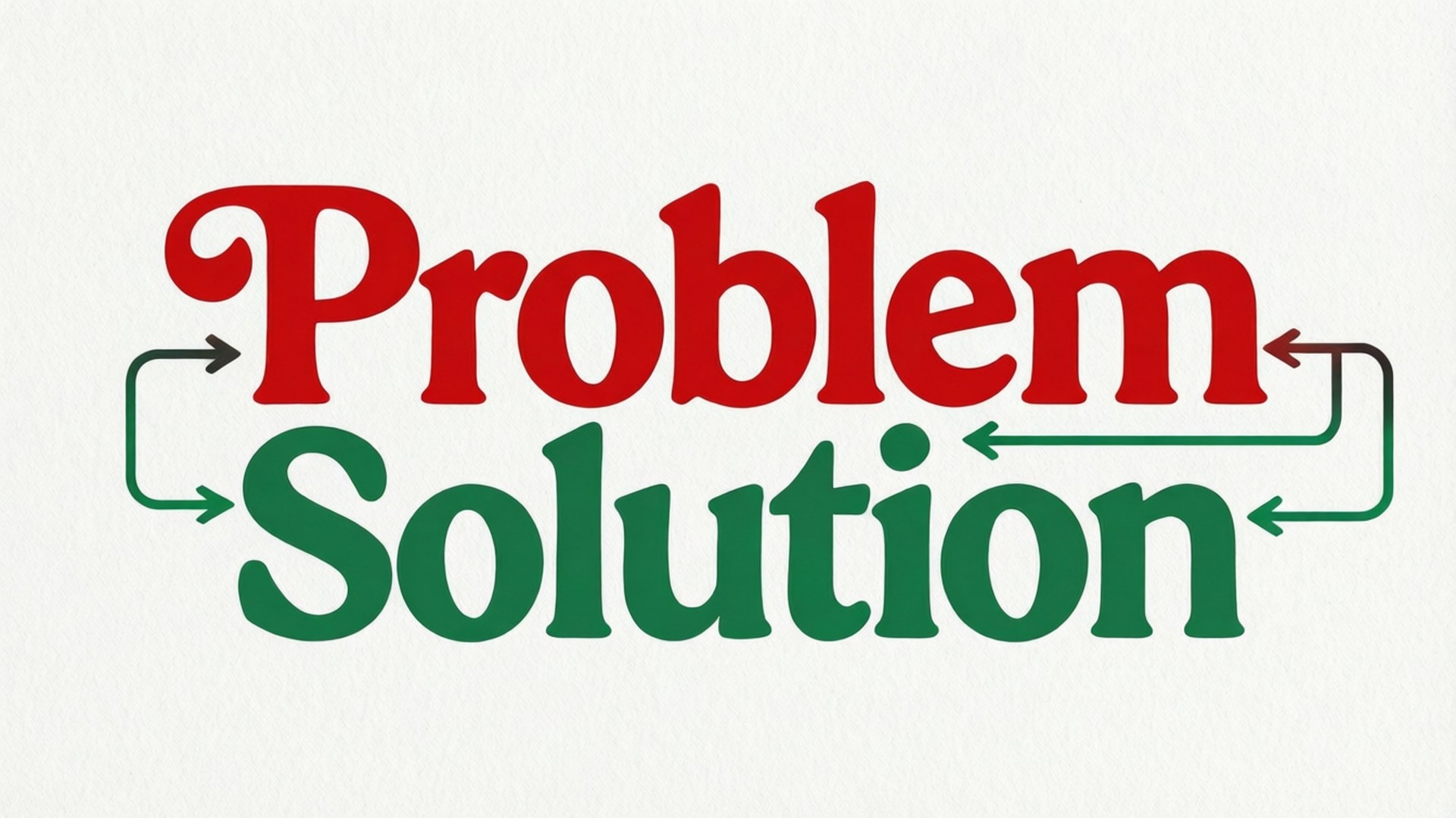 Minimal typografi som visar 'Problem' i rött, 'Solution' i grönt med pilar.