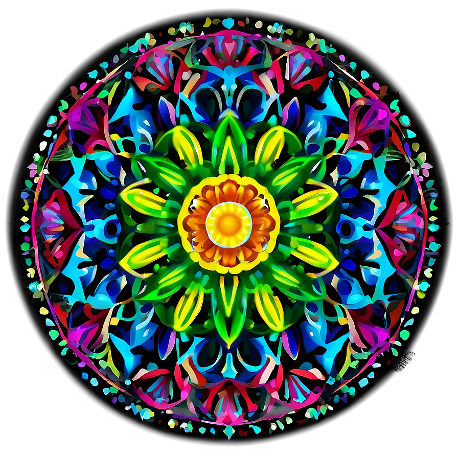 Procreate Mandala Toolkit PNG 14 PNG — A vibrant digital mandala radiates with symmetrical floral patterns in electric greens blues and purples against a dark background.