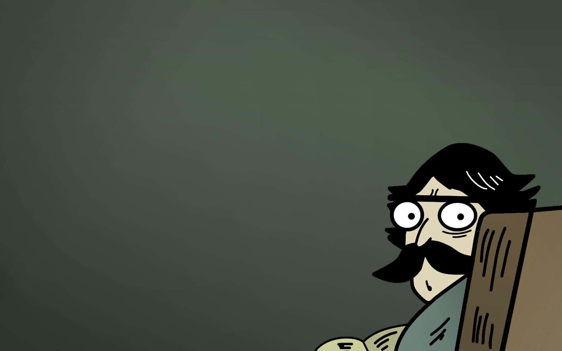 A Cartoon Man With A Mustache And Glasses Sitting In Front Of A Blackboard Wallpaper
