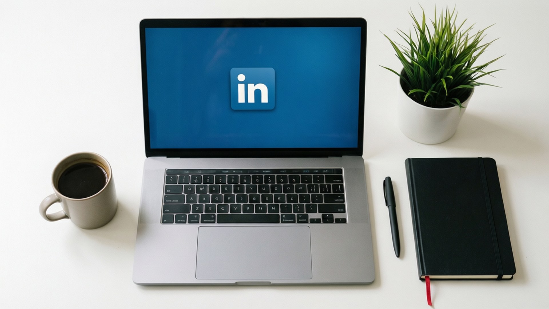 Minimalistisk skrivebordsflat lay med bærbar computer, der viser LinkedIn, kaffe og notesbog.