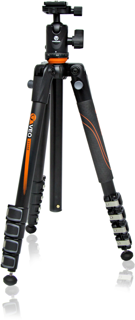 Professional Camera Tripod PNG — A black and orange Veo tripod with adjustable legs and ball head stands isolated against a white background.