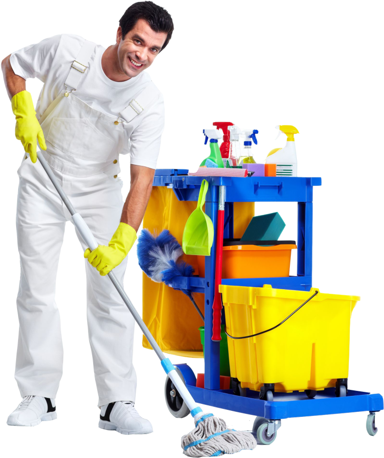 Professional Cleaner With Equipment Cart PNG