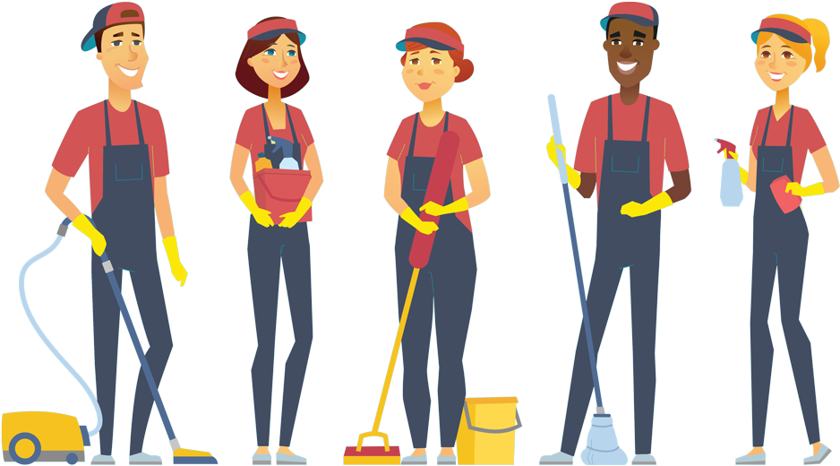 Professional Cleaning Team Cartoon PNG