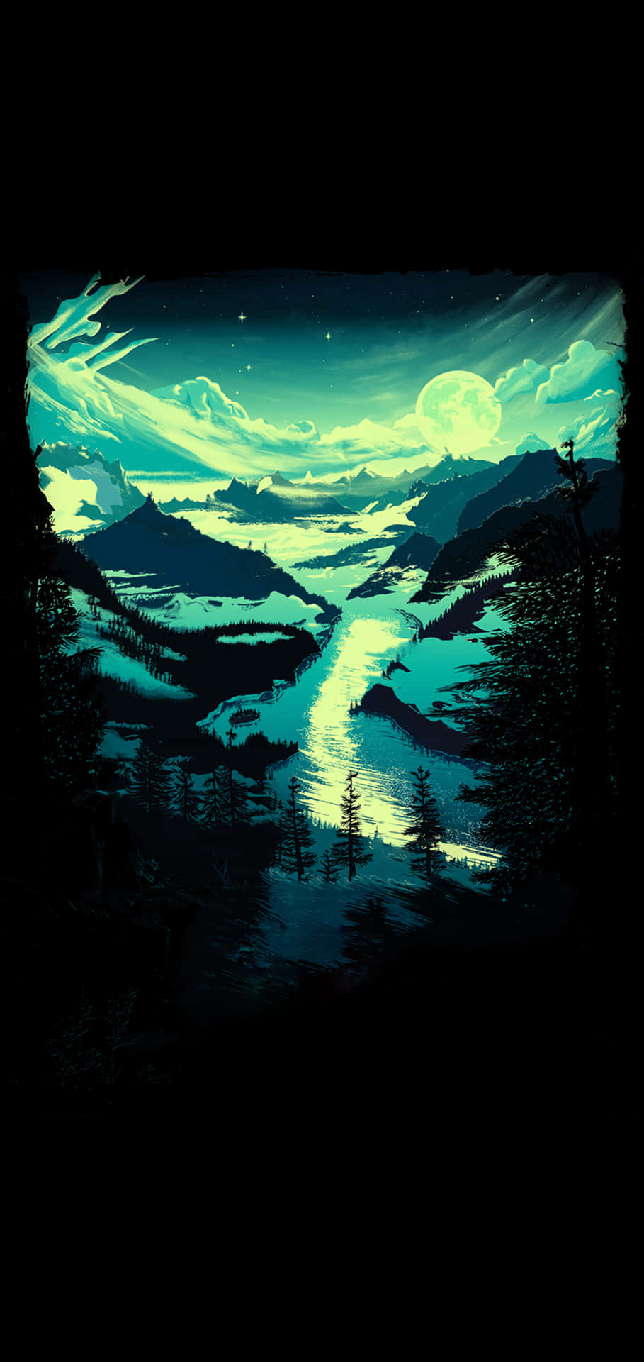 A Green Night Sky With Mountains And A River Wallpaper