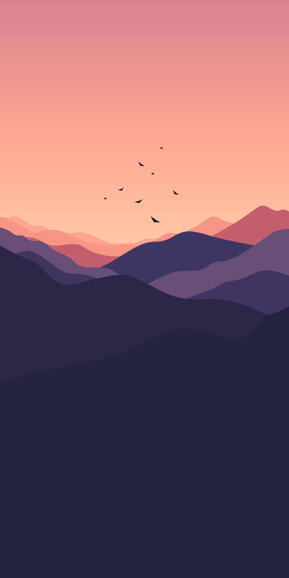 A Sunset With Birds Flying Over The Mountains Wallpaper