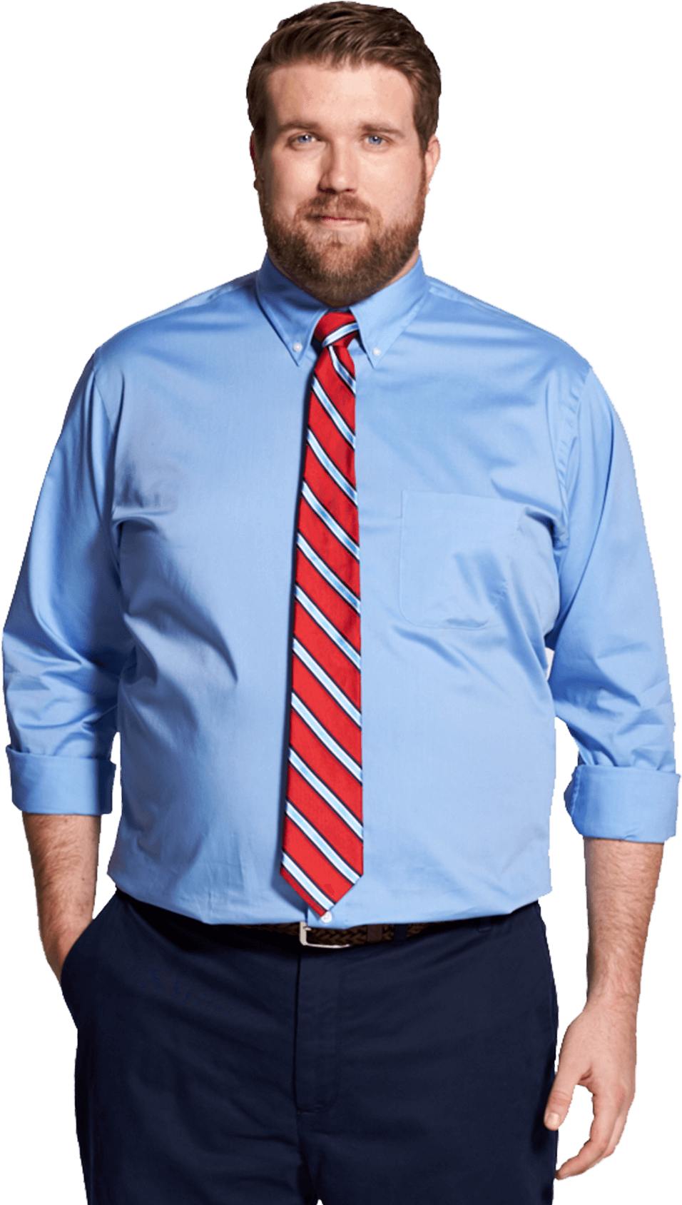 Professional Man Blue Dress Shirt Red Stripe Tie PNG
