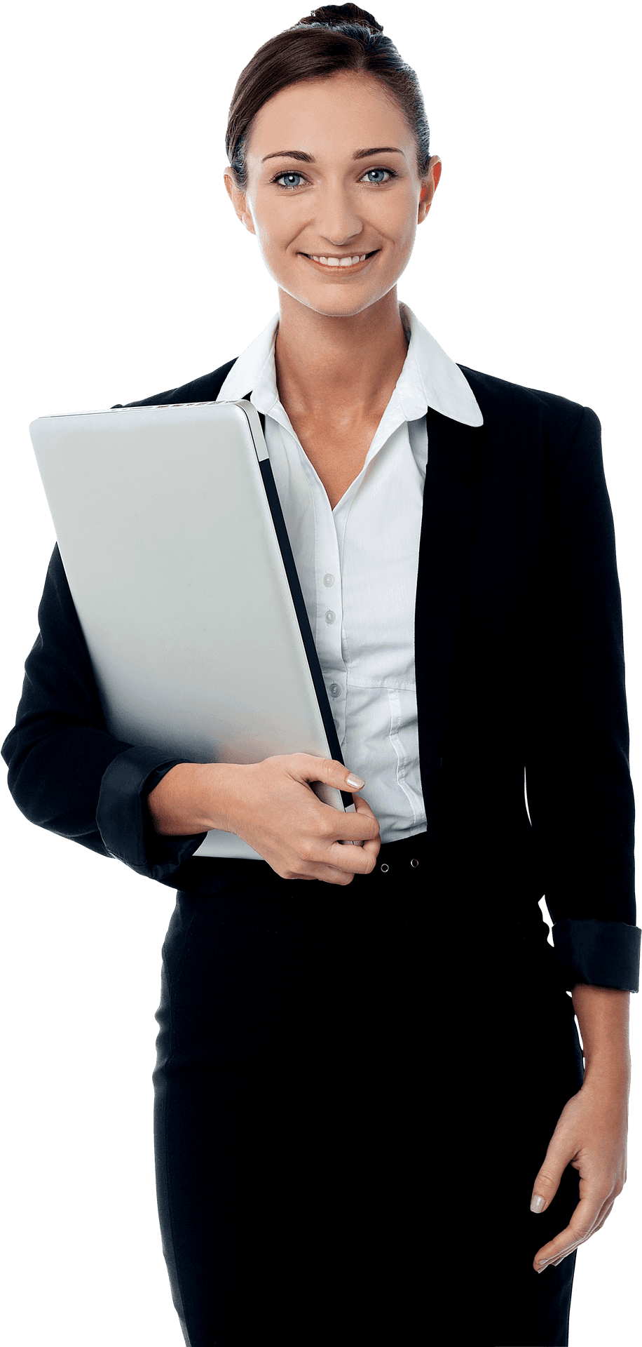 Professional Woman Holding Laptop PNG