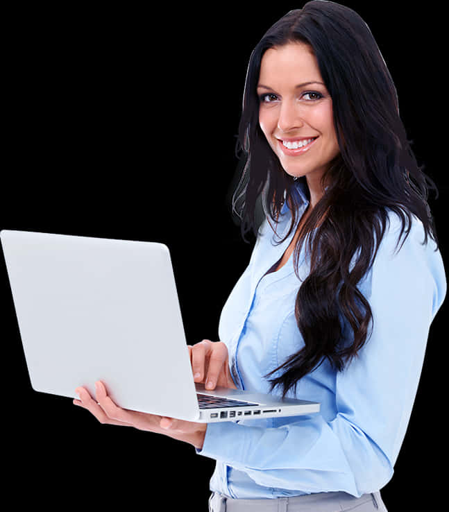 Professional Woman Holding Laptop PNG