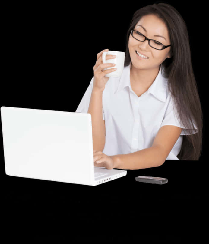 Professional Woman Using Laptopand Holding Cup PNG