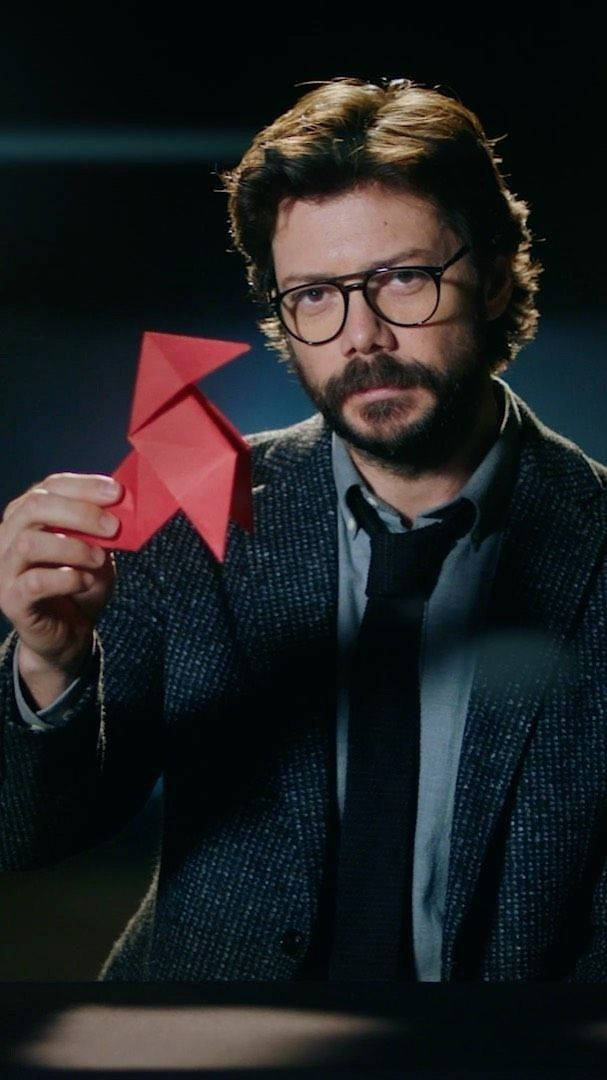 Professor With Origami Money Heist Portrait Background