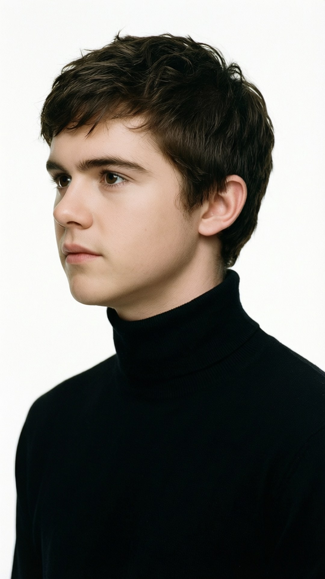 Minimalist Profile Wallpaper — A young man with dark tousled hair wears a black turtleneck against a stark white background in a studio portrait.