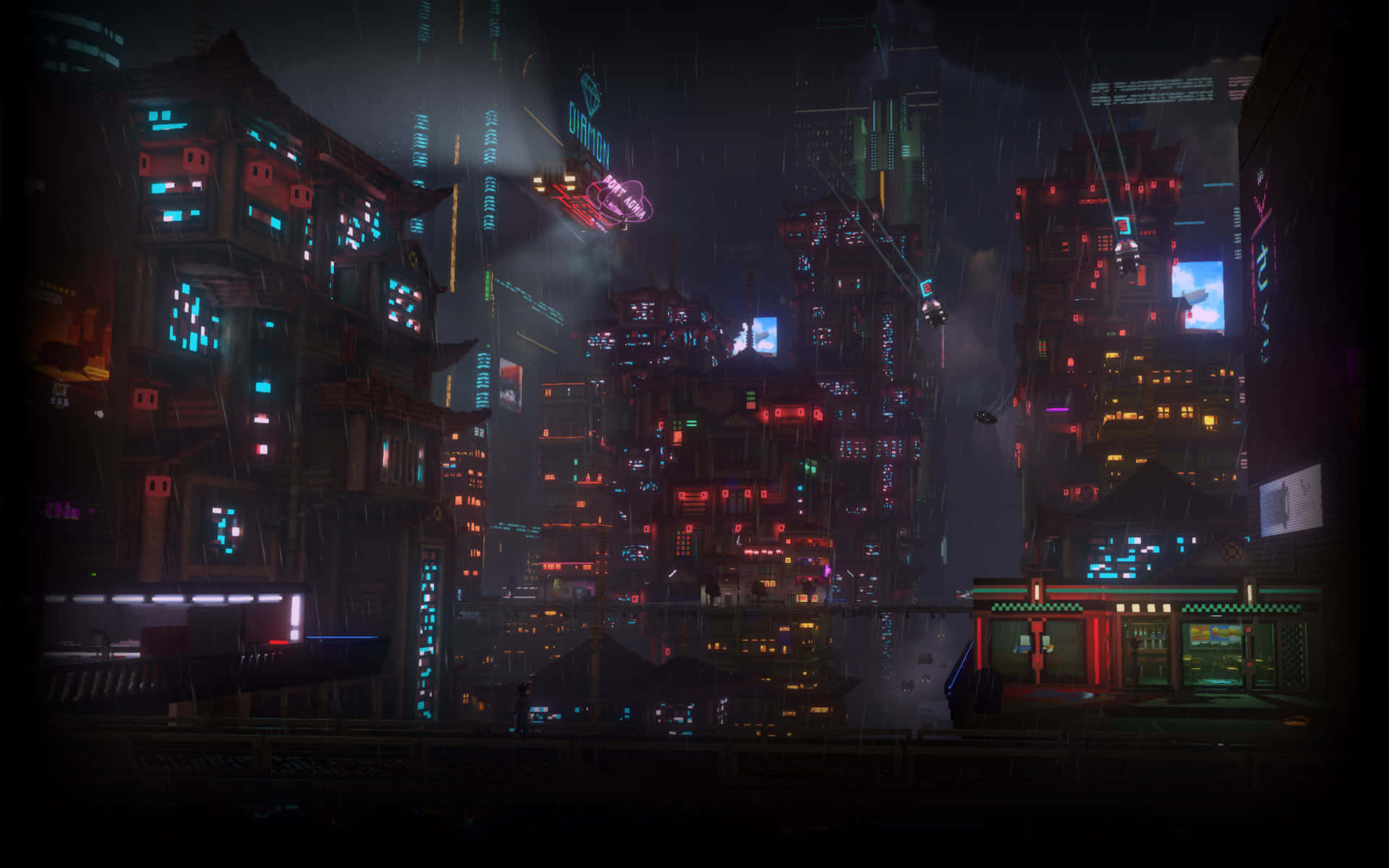 A City With Neon Lights And Buildings