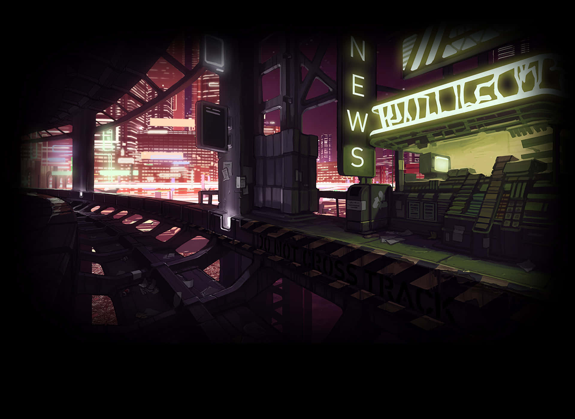 A Dark Scene With A Train Station And A Neon Sign
