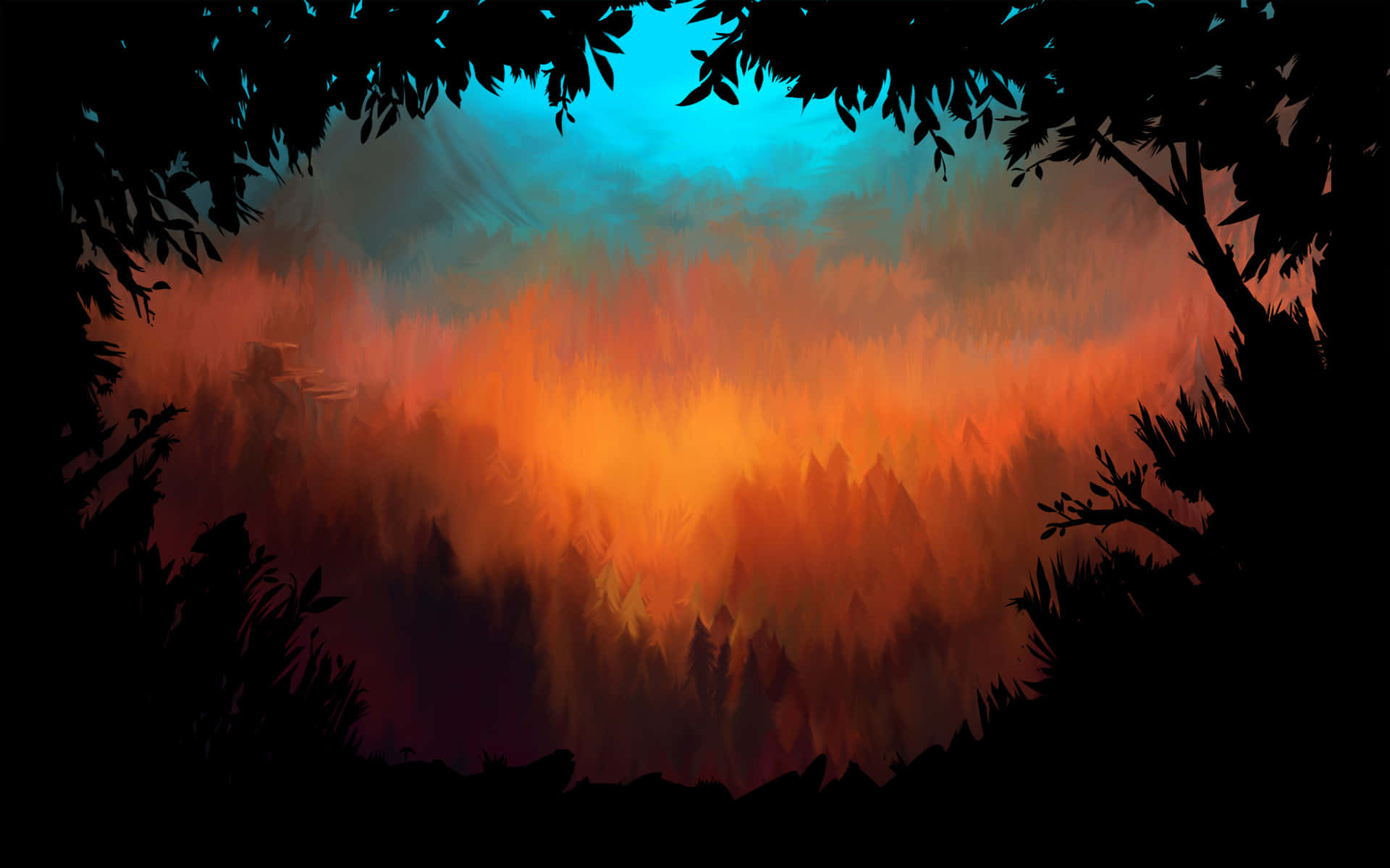 A Painting Of A Forest With A Bright Orange Sky