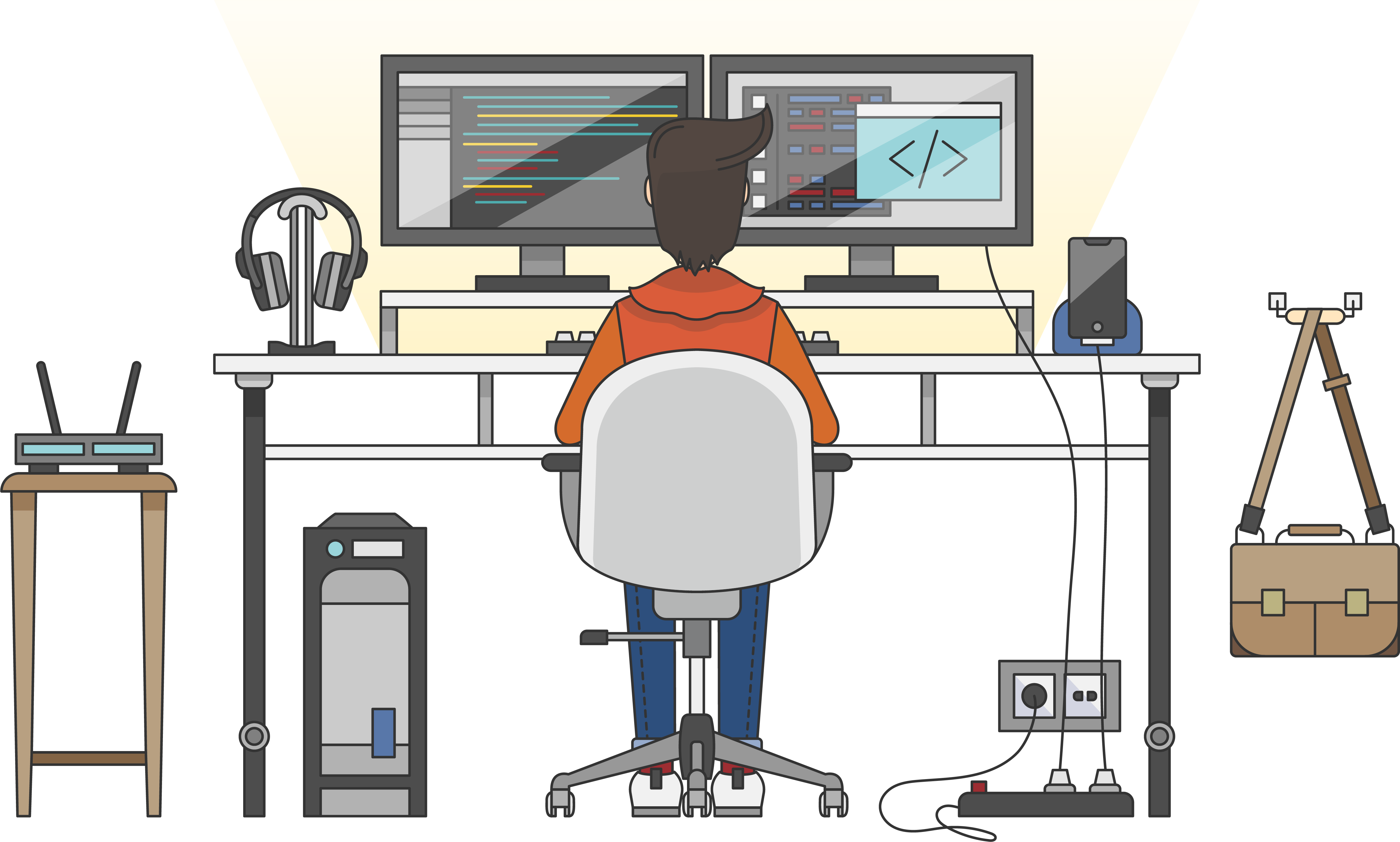 Programmer Workstation Setup PNG — A person in an orange hoodie sits at a desk facing two monitors displaying code and a terminal in a minimalist digital illustration.