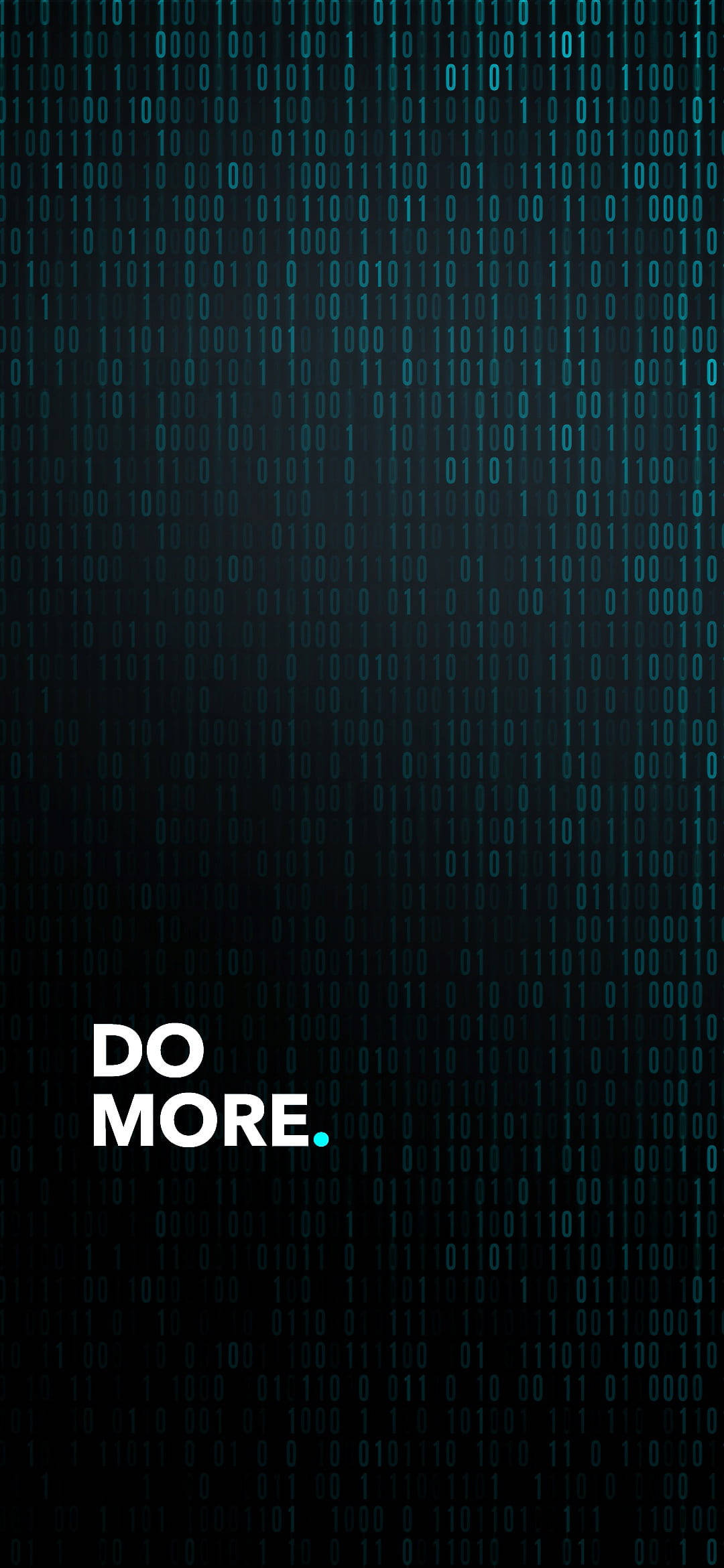 Programming iPhone Do More Binary Codes Wallpaper — Digital rain of glowing green binary code cascades over a dark background with bold white text reading do more.