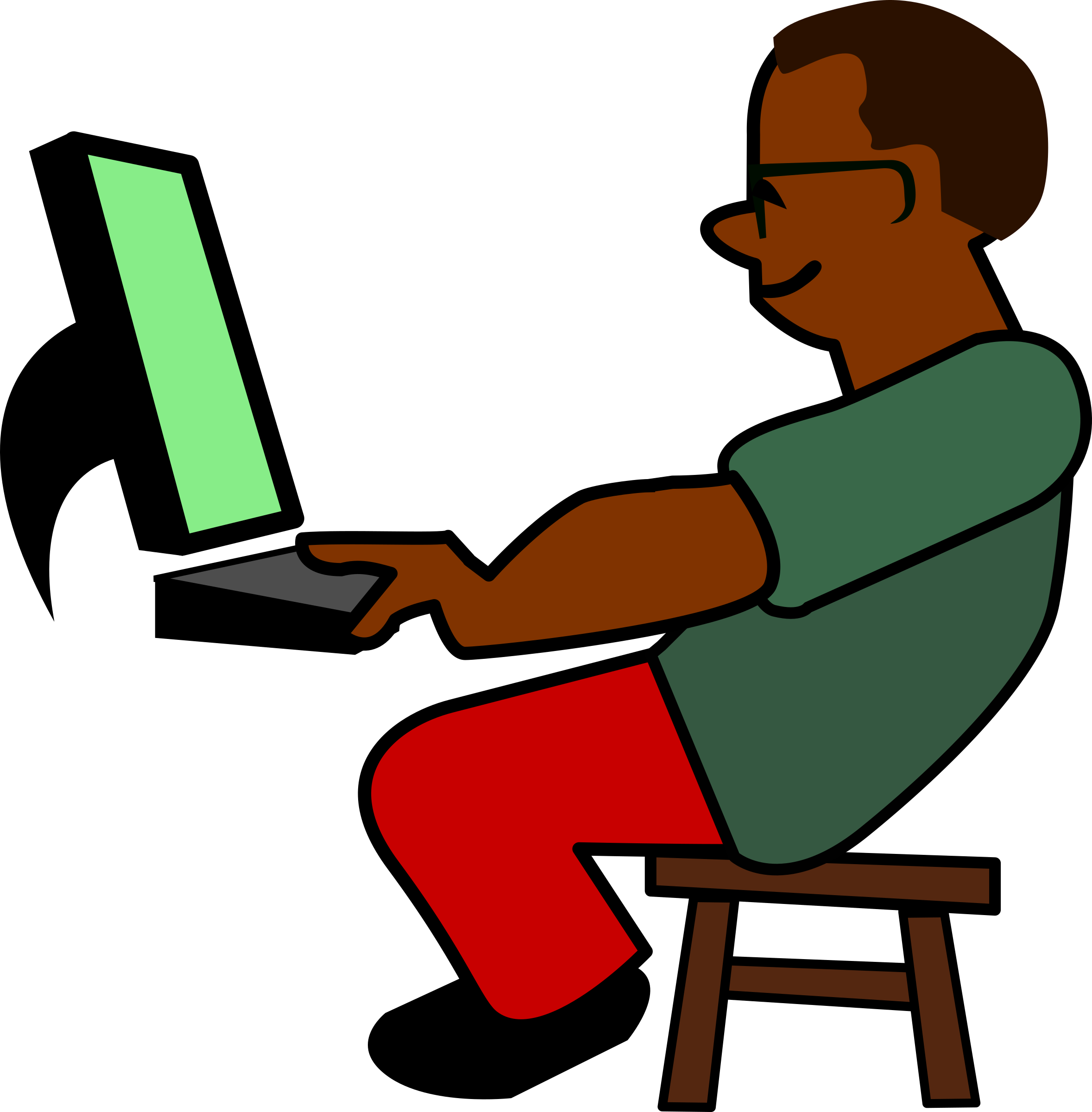 Cartoon van een persoon met een bril die zit en typt op een laptop, gericht naar een desktopmonitor op een donkere achtergrond.