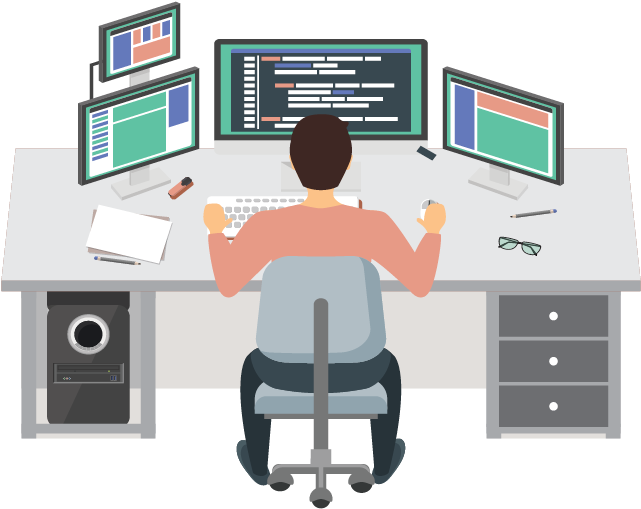 Seseorang duduk di meja dengan tiga monitor yang menampilkan kode dan grafik, CPU desktop di sebelah kiri, dan berbagai barang meja seperti kacamata dan buku catatan.