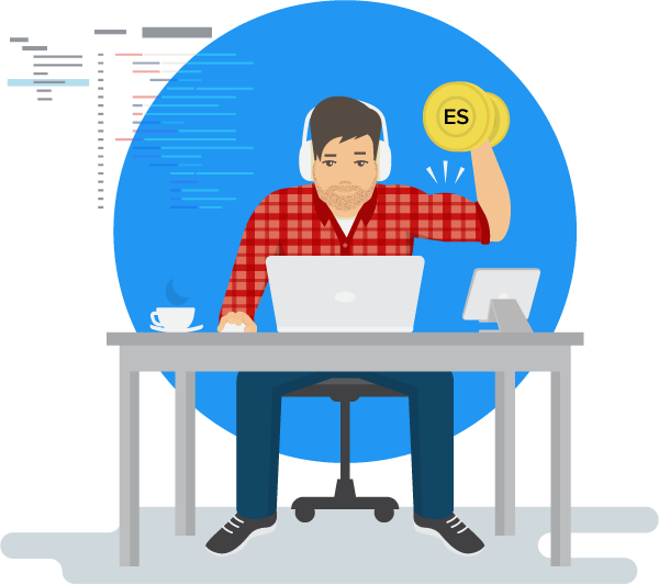 Una caricatura de un programador concentrado con auriculares trabajando en una laptop, rodeado de código, sosteniendo una moneda con el símbolo "ES", con una taza de café y una tableta en el escritorio.