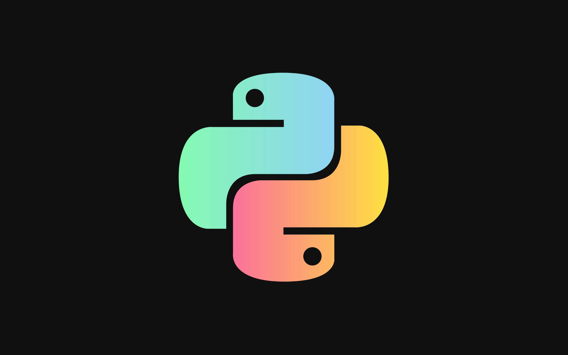 Python Programming Language Wallpaper — A vibrant gradient python logo with teal pink and yellow hues set against a solid black background.