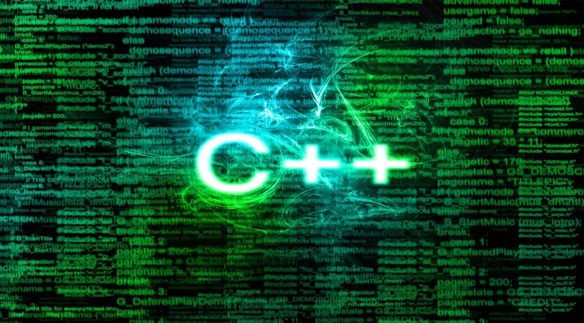 C++ On A Dark Background With Green Lights Wallpaper