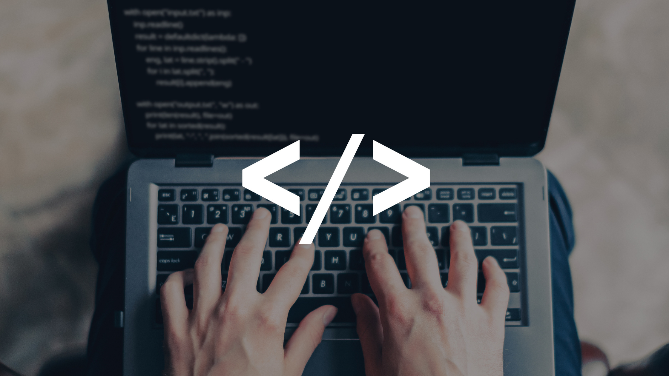 Programming in Progress PNG — Top-down view of hands typing code on a laptop with a large white HTML tag symbol overlaid.