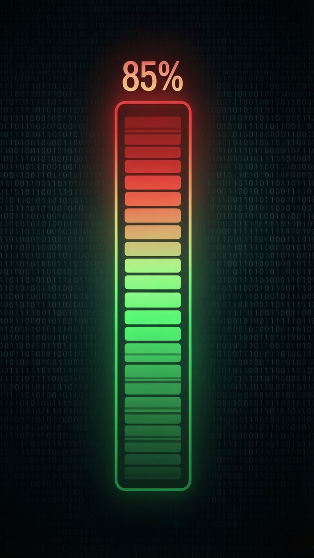 Digital progress bar at 85% with color gradient from red to green on binary code background