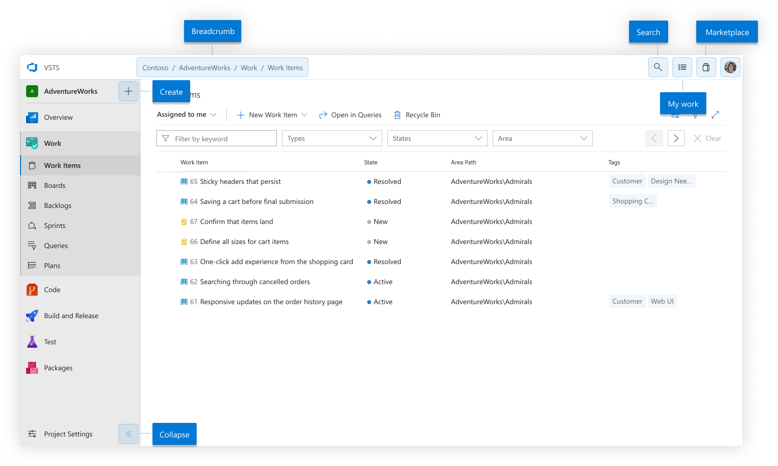 Project Management Software Interface PNG — A clean software interface displaying a list of work items with status tags and area paths in a project management tool.
