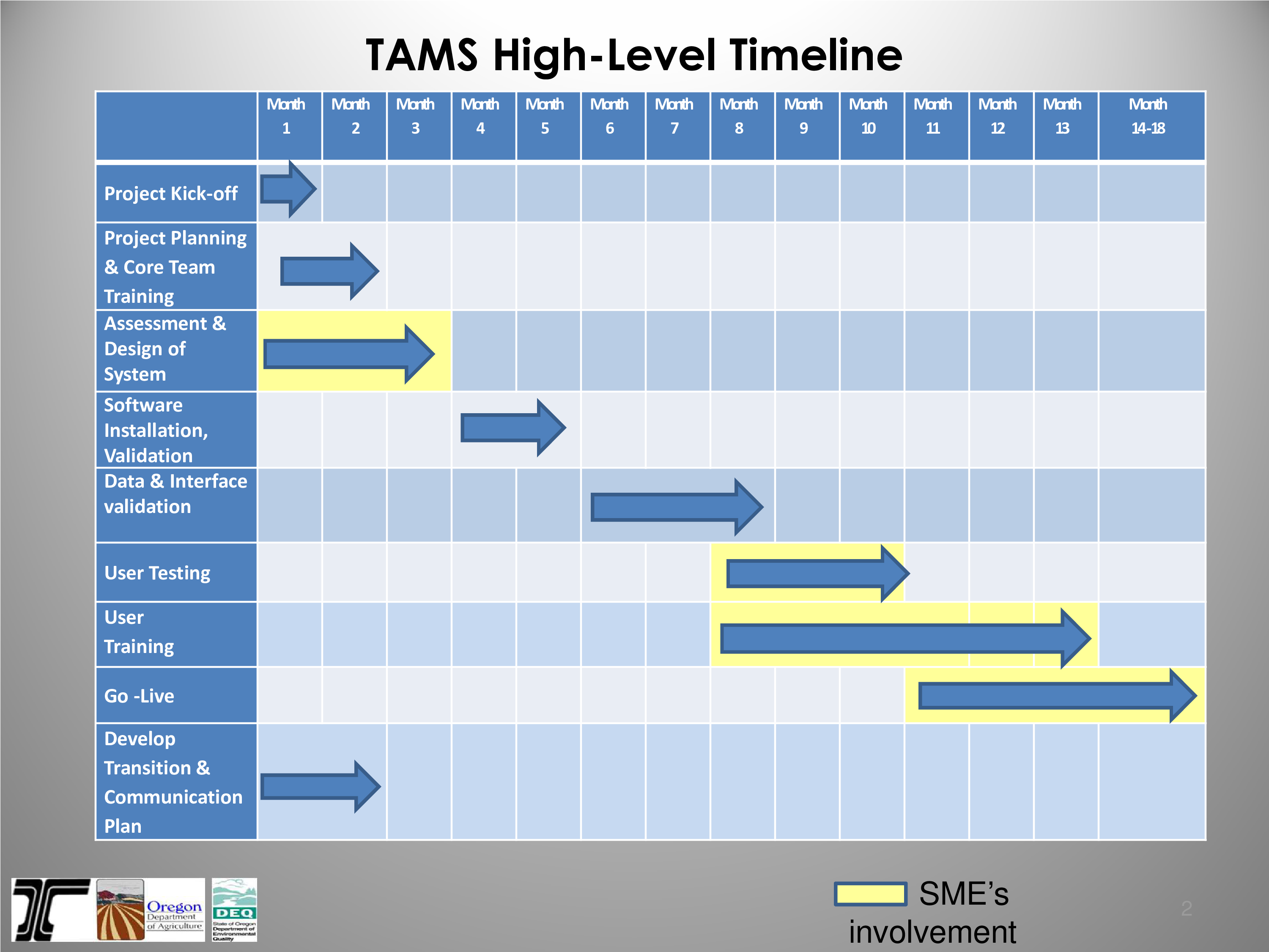 Project Timeline Chart PNG — A blue and white Gantt chart titled TAMS High-Level Timeline showing project phases with arrows and yellow highlights for SME involvement.