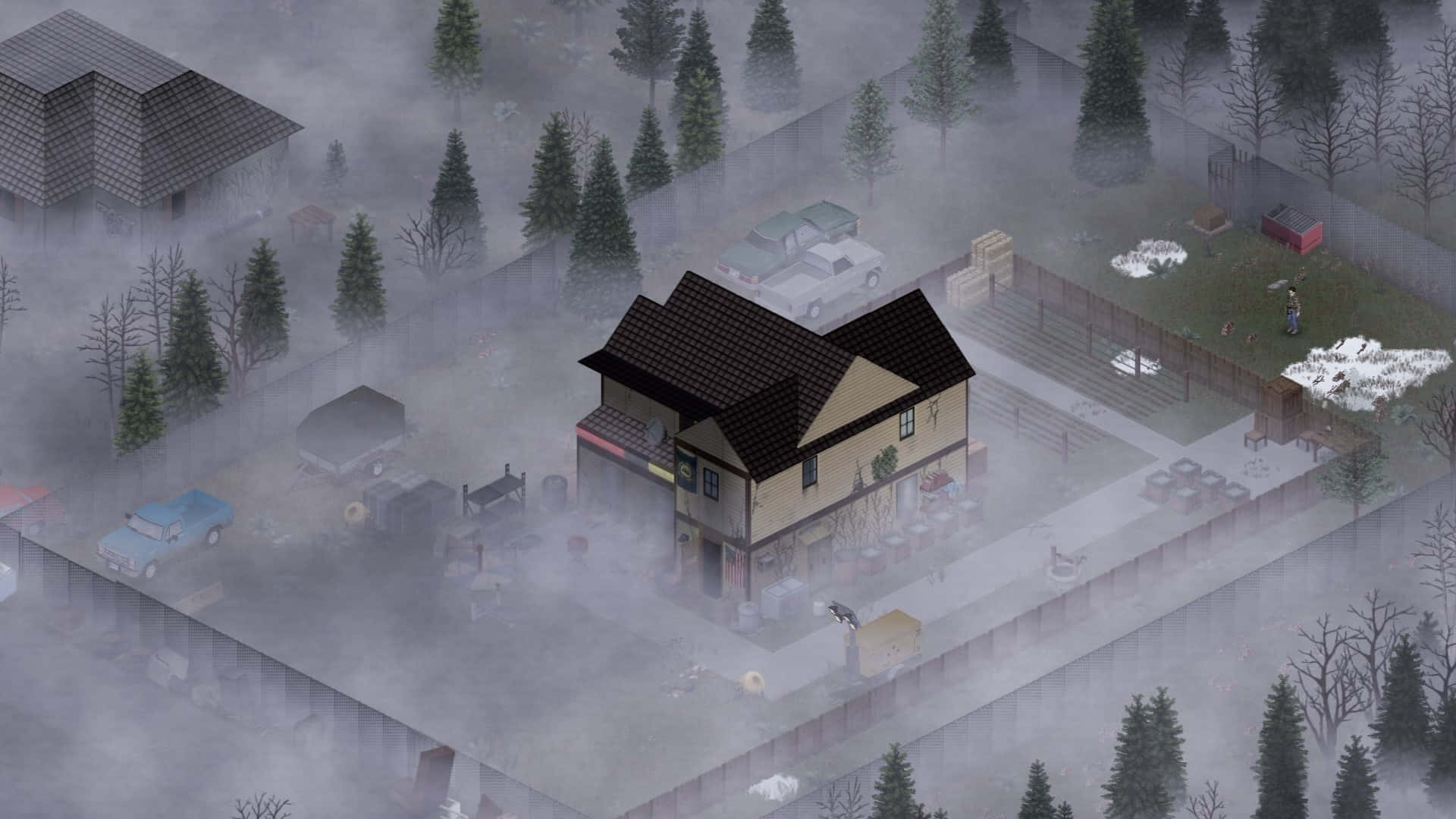 Project Zomboid Foggy Town Scene Wallpaper