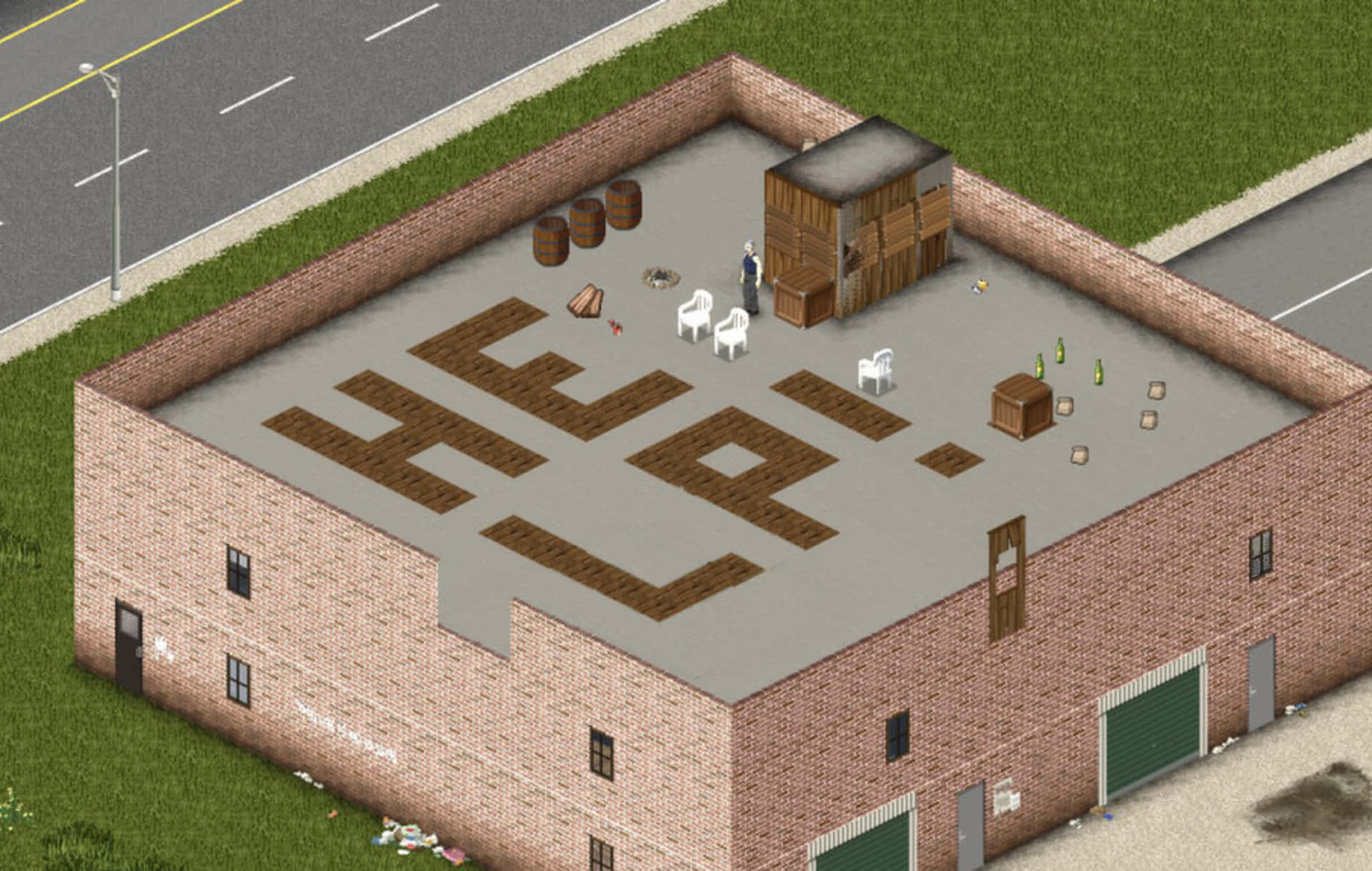 Project Zomboid Help Sign Rooftop Wallpaper