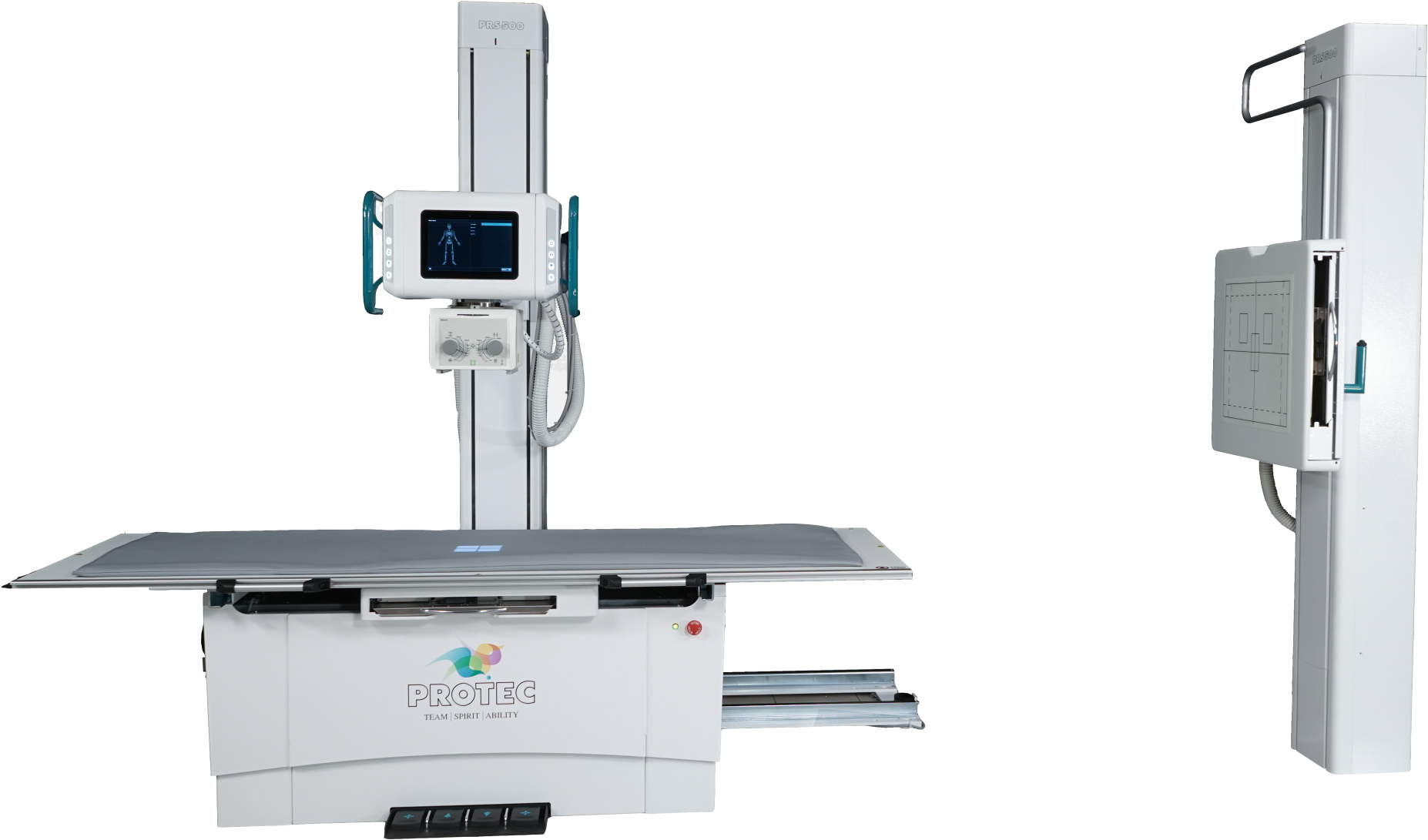 Protec X Ray System PNG — Modern white medical imaging machine with digital display and adjustable arm against black background.