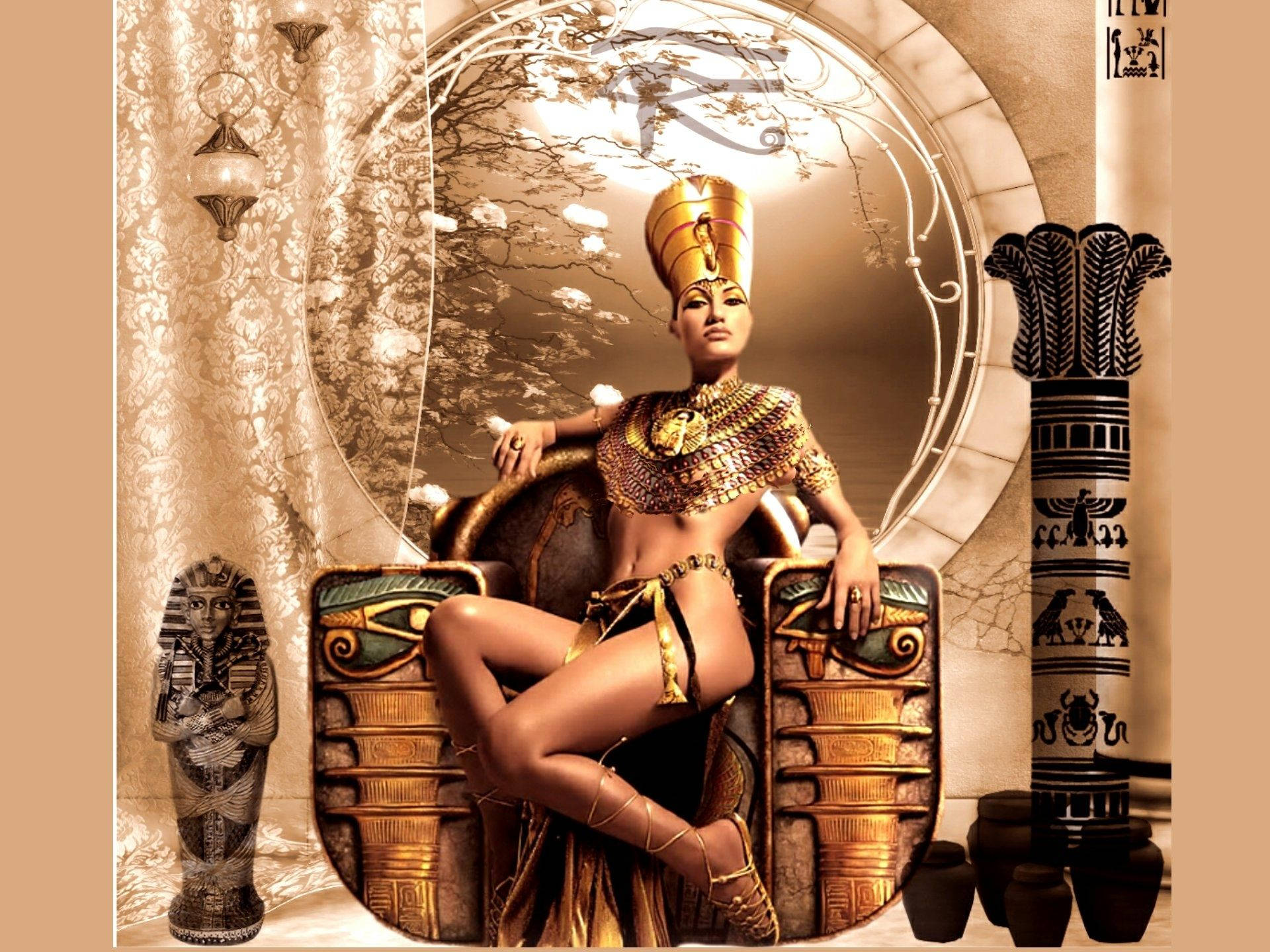 Stolt Cleopatra siddende på tronen stirrende majestætisk udad Wallpaper