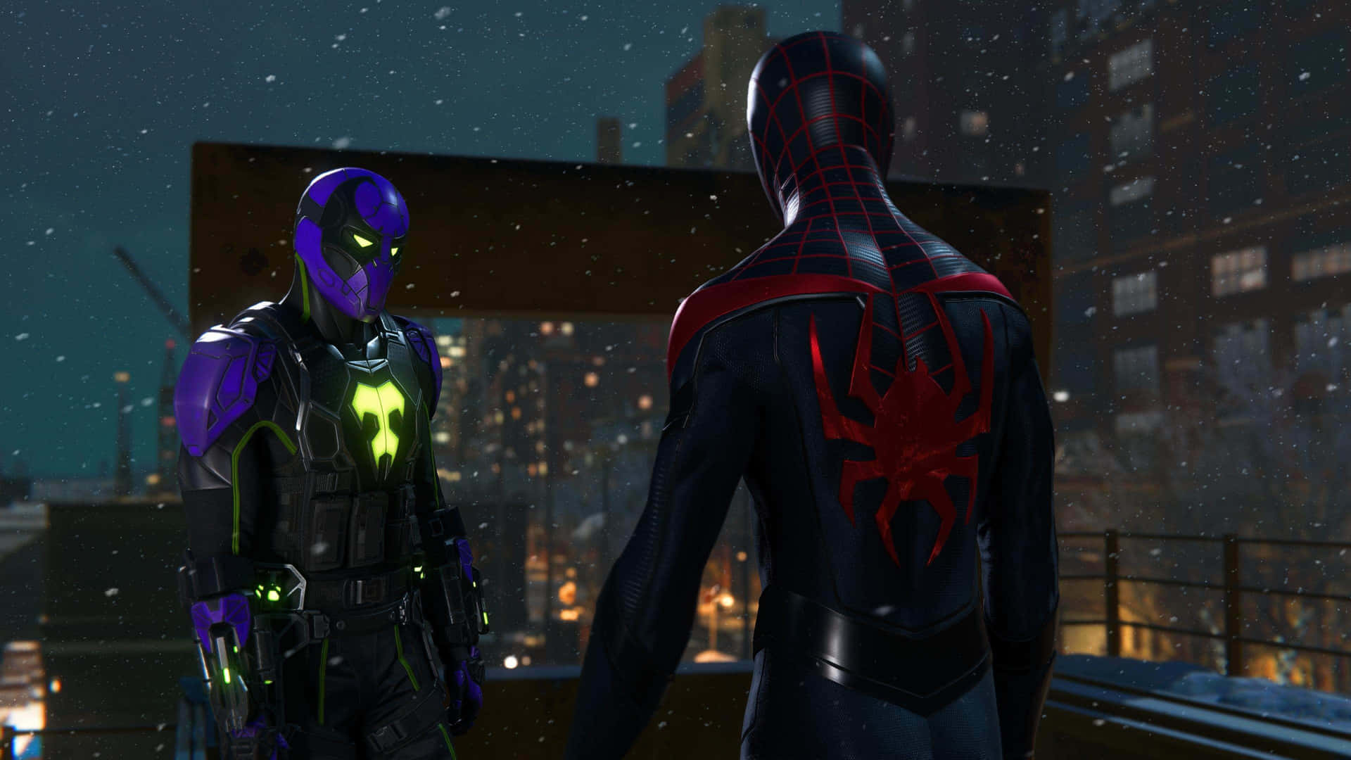 Prowlerand Spiderman Rooftop Meeting Wallpaper