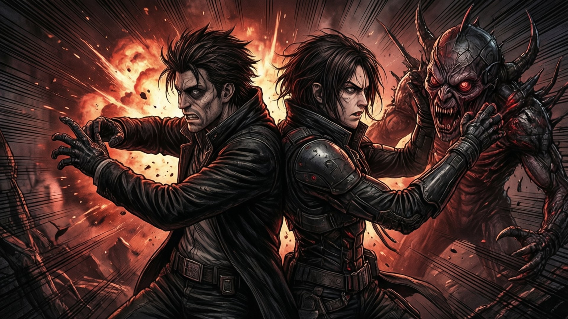 Vincent and Re-l fight a proxy monster, dramatic action scene.