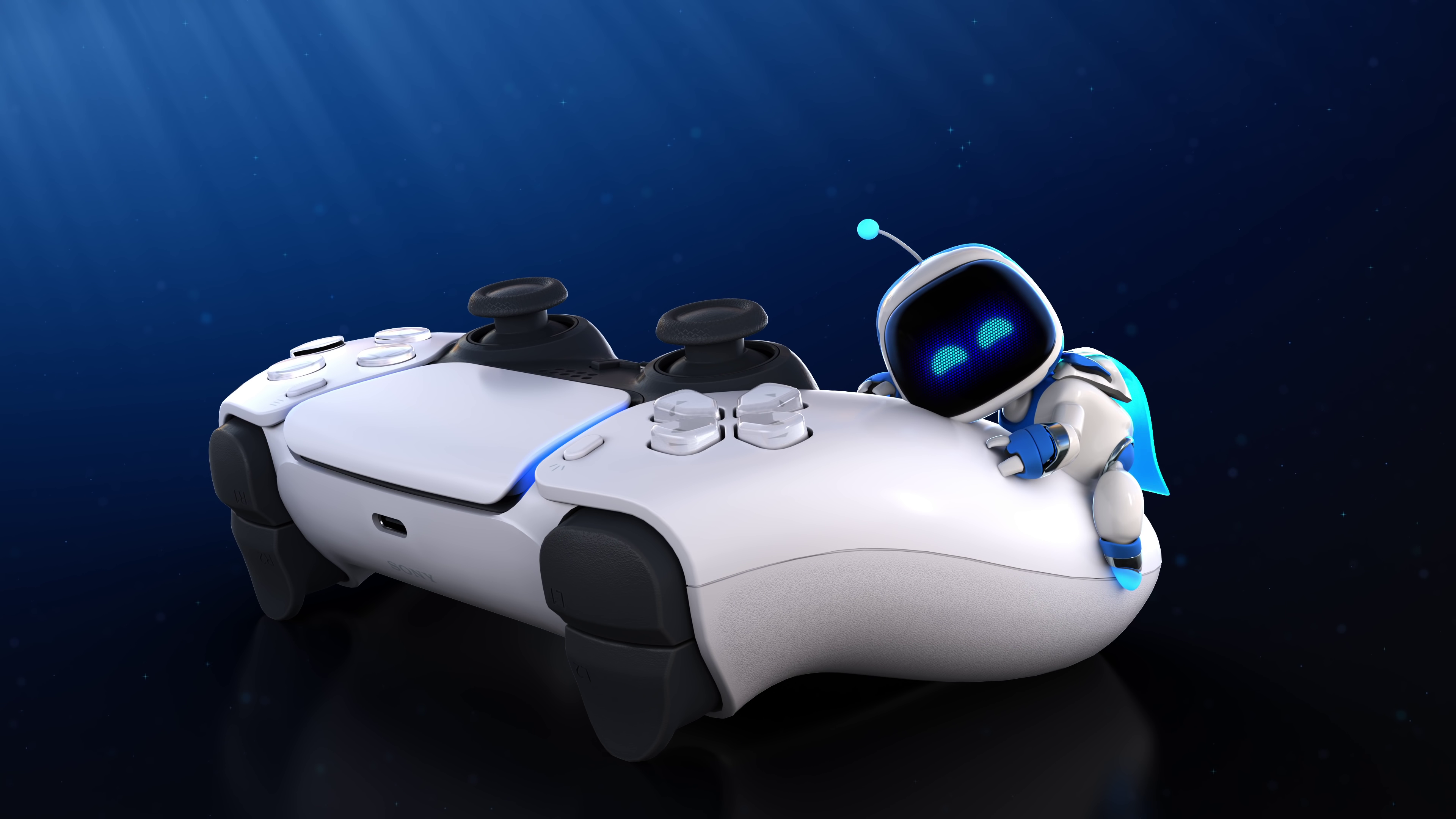 Ps5baggrund. Baggrunde — En hvid PlayStation 5-controller hviler under vandet med en lille blå glødende robot, der læner sig op ad den mod en dybblå stjernebaggrund.