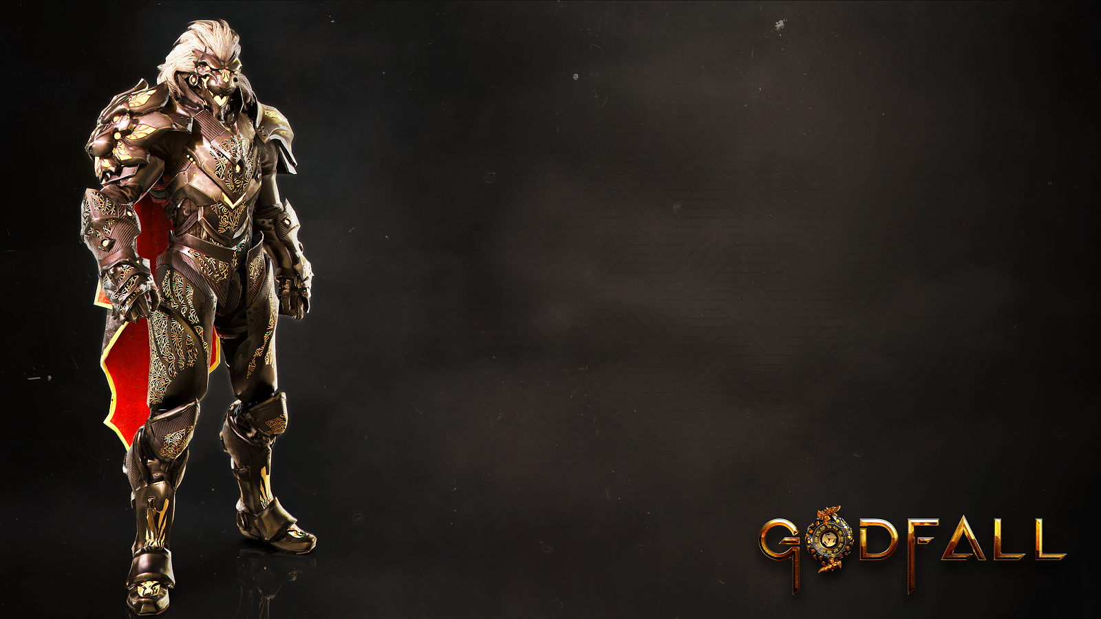 Ps5 background — A heavily armored warrior with white hair and red cape stands poised against a dark smoky background with 'Godfall' logo.