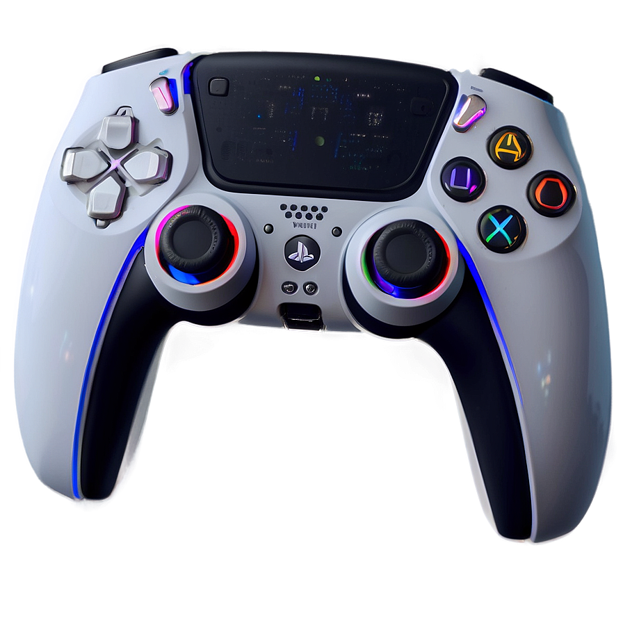 PS5 Controller Functionality PNG cvv PNG — A sleek white PlayStation 5 controller with glowing RGB lights and a dark screen rests on a soft gray surface.